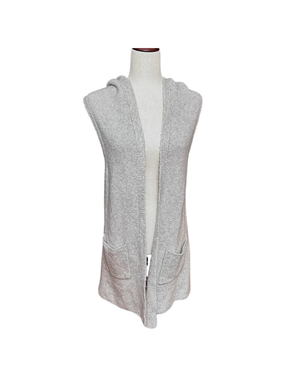 Tahari Long Open Cardigan Women M Gray Sleeveless Hood Wool Blend Knit Casual